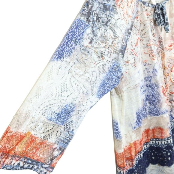 4/$25 CHICOS 1 S/M Blue Orange Abstract Crochet Lace Trim Sleeve High Low Top - Picture 3 of 5